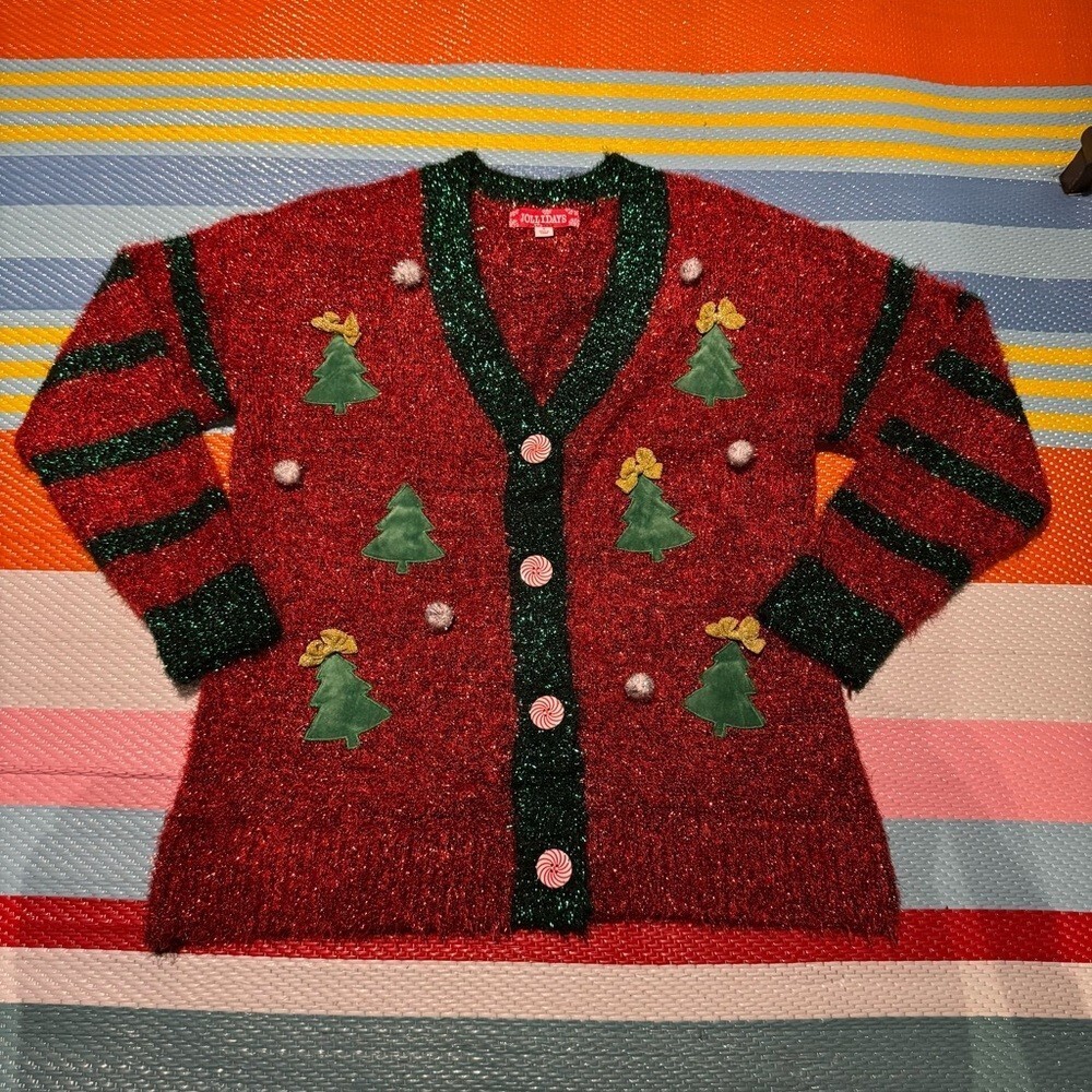 Women's Jollidays Long Sleeve‎ Tinsel Button Front Holiday Cardigan Size Small